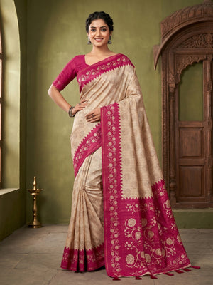 Elegant Beige Tussar Silk Saree with Floral Print and Pink Border - Image 1