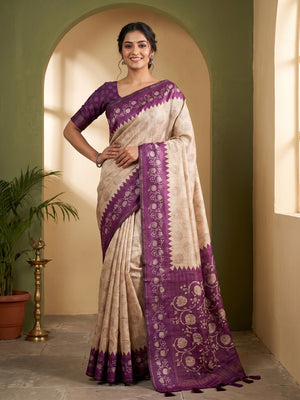 Elegant Beige Tussar Silk Saree with Floral Print and Purple Border - Image 1