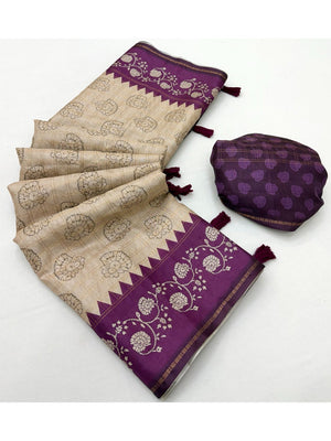 Elegant Beige Tussar Silk Saree with Floral Print and Purple Border - Image 2