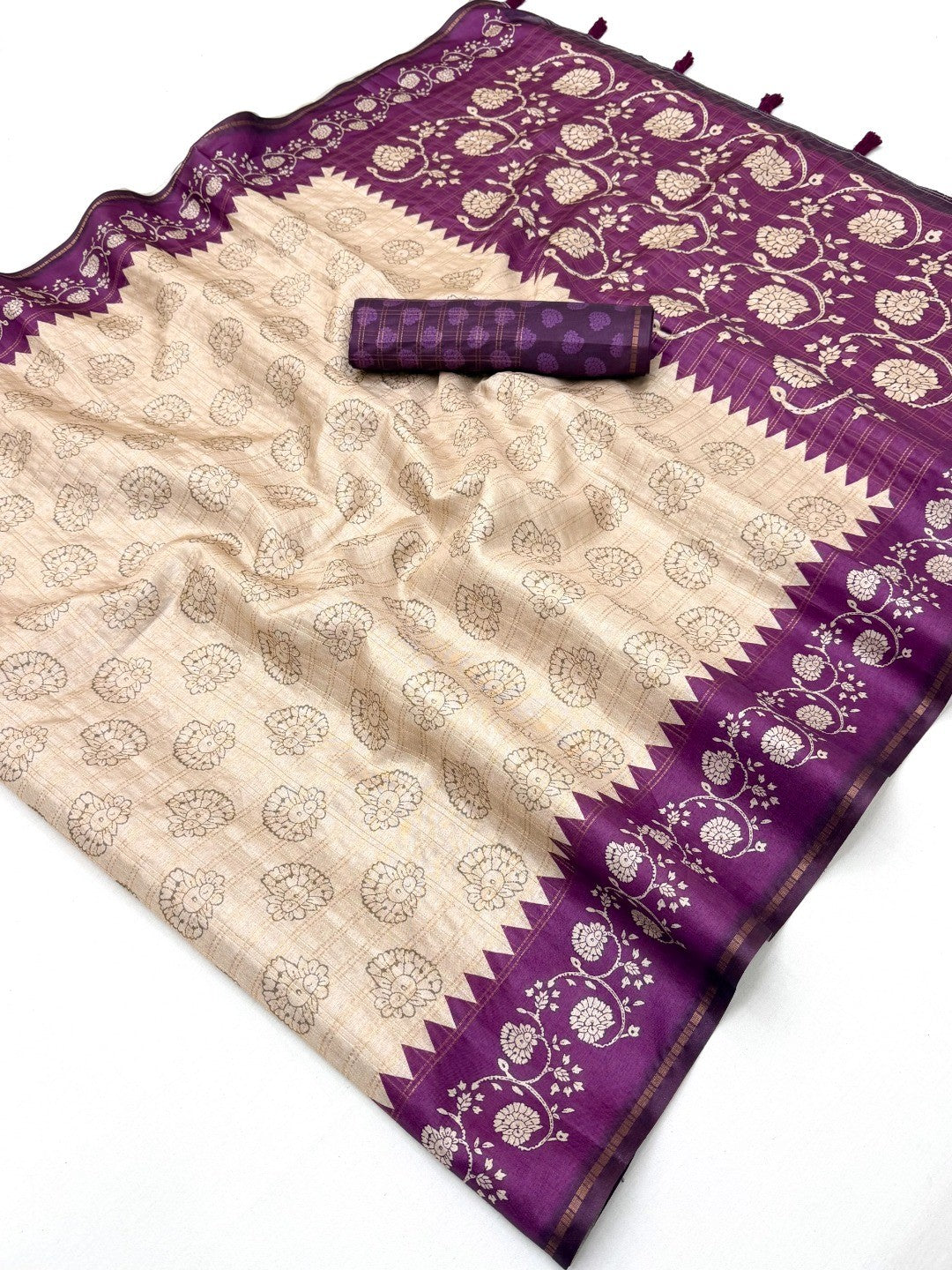 Elegant Beige Tussar Silk Saree with Floral Print and Purple Border - Image 2