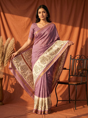 Elegant Purple Digital Printed Dola Silk Saree with Zari Border - Image 1