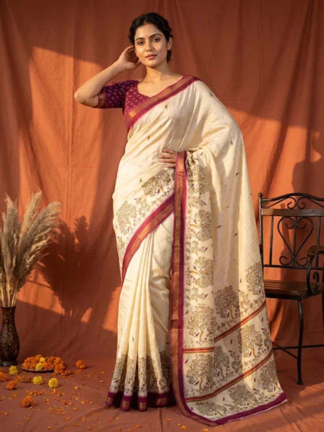 Offwhite Digital Printed Dola Silk Saree with Contrast Border - Image 1