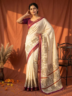 Offwhite Digital Printed Dola Silk Saree with Contrast Border - Image 1