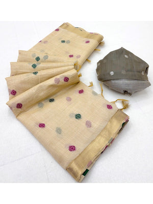 Elegant Cream Linen Saree with Floral Prints and Swan Motif Pallu - Image 2