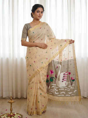 Elegant Cream Linen Saree with Floral Prints and Swan Motif Pallu - Image 1