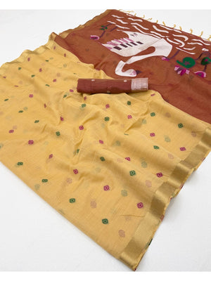 Elegant Beige Linen Saree with Floral Prints and Swan Motif Pallu - Image 2