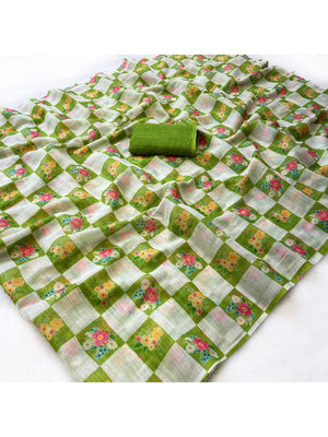Elegant Green Checked Linen Saree with Floral Prints - Image 2