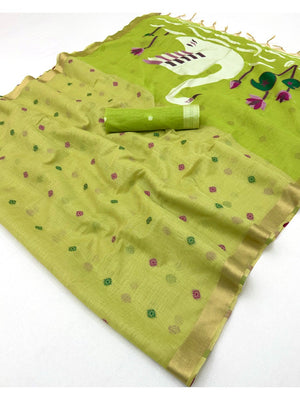 Elegant Green Linen Saree with Floral Prints and Swan Motif Pallu - Image 2