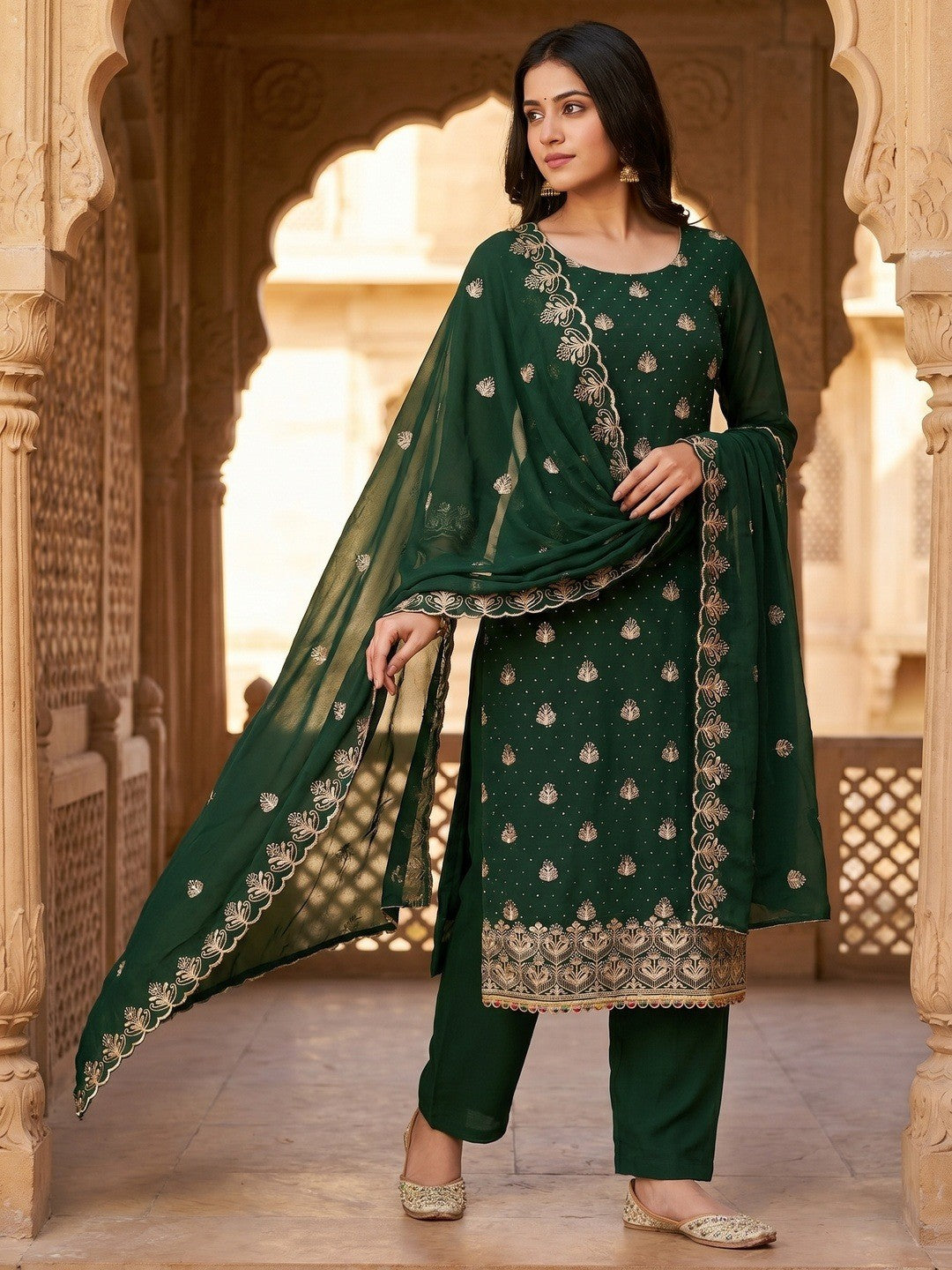Luxury Green Floral Embroidery With Sparkling Diamond Work Georgette Dress Material - Image 2