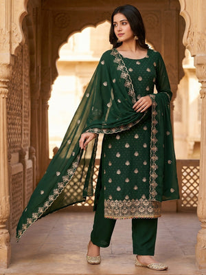 Luxury Green Floral Embroidery With Sparkling Diamond Work Georgette Dress Material - Image 2