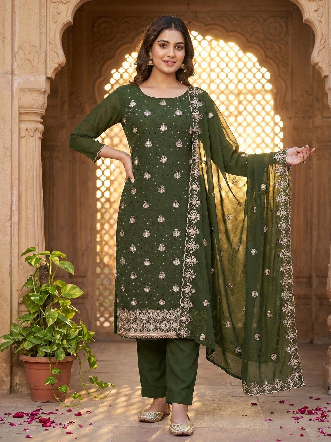 Luxury Mehendi Green Floral Embroidery With Sparkling Diamond Work Georgette Dress Material - Image 2