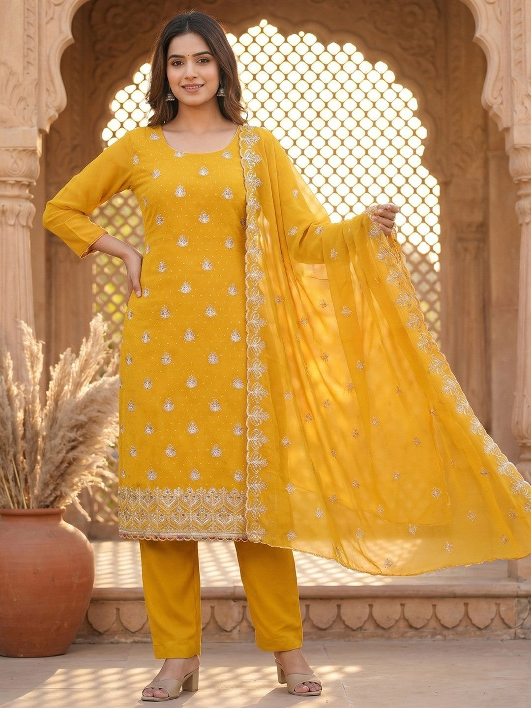 Luxury Mustard Floral Embroidery With Sparkling Diamond Work Georgette Dress Material - Image 2