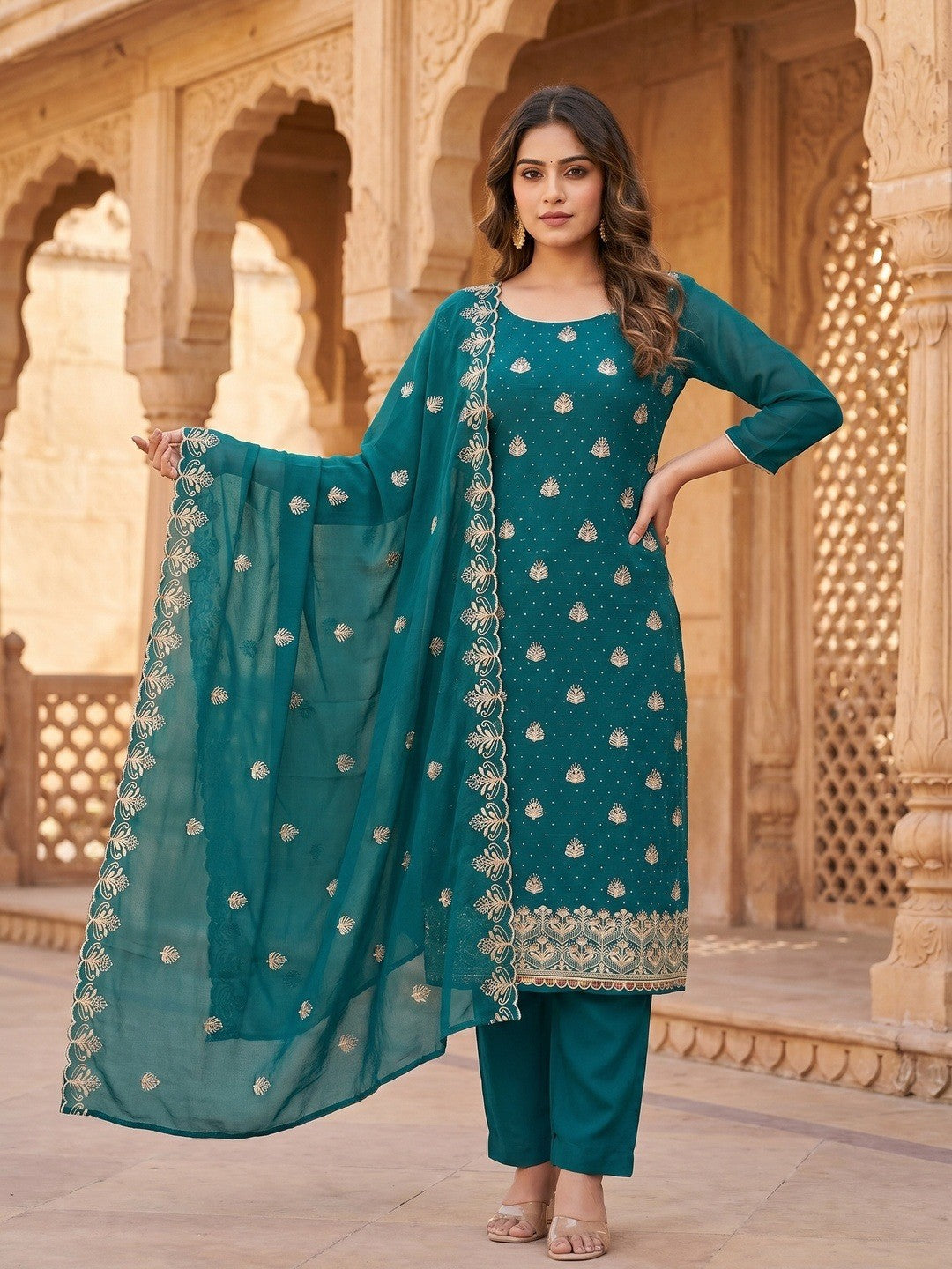 Luxury Teal Floral Embroidery With Sparkling Diamond Work Georgette Dress Material - Image 2