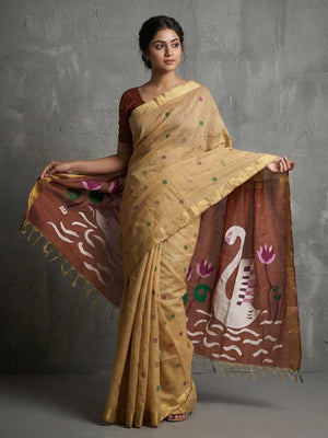 Elegant Beige Linen Saree with Floral Prints and Swan Motif Pallu - Image 1