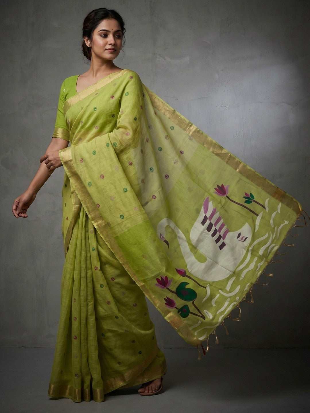 Elegant Green Linen Saree with Floral Prints and Swan Motif Pallu - Image 1
