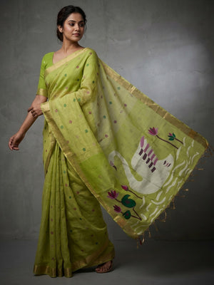 Elegant Green Linen Saree with Floral Prints and Swan Motif Pallu - Image 1