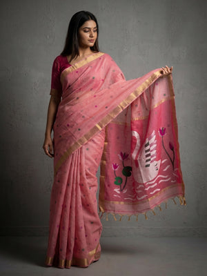 Elegant Pink Linen Saree with Floral Prints and Swan Motif Pallu - Image 1