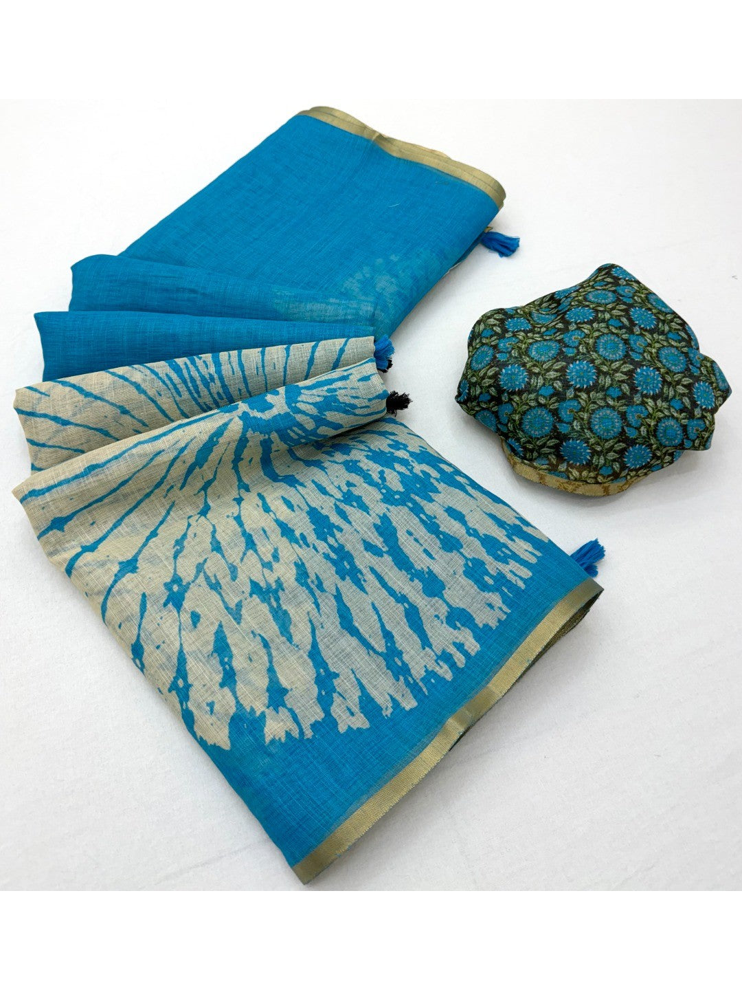 Elegant Blue Linen Saree with Abstract Print - Image 3