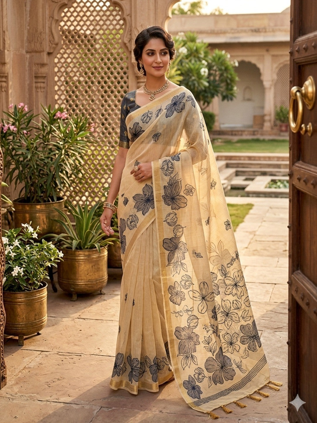 Cream Saree with Blue Floral Weaving Pure Cotton Traditional Elegant Style - Image 1
