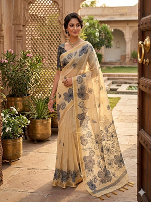 Cream Saree with Blue Floral Weaving Pure Cotton Traditional Elegant Style - Image 1