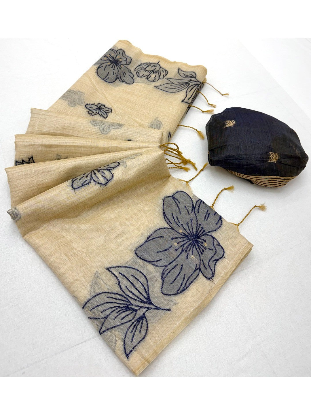 Cream Saree with Blue Floral Weaving Pure Cotton Traditional Elegant Style - Image 2