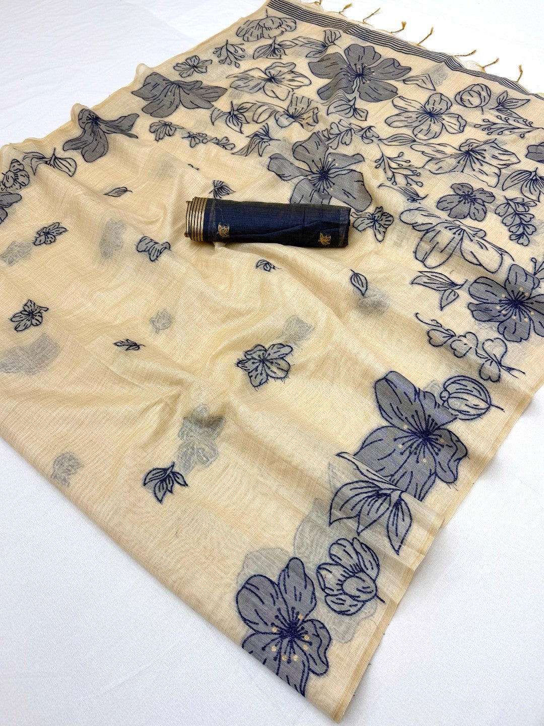 Cream Saree with Blue Floral Weaving Pure Cotton Traditional Elegant Style - Image 3