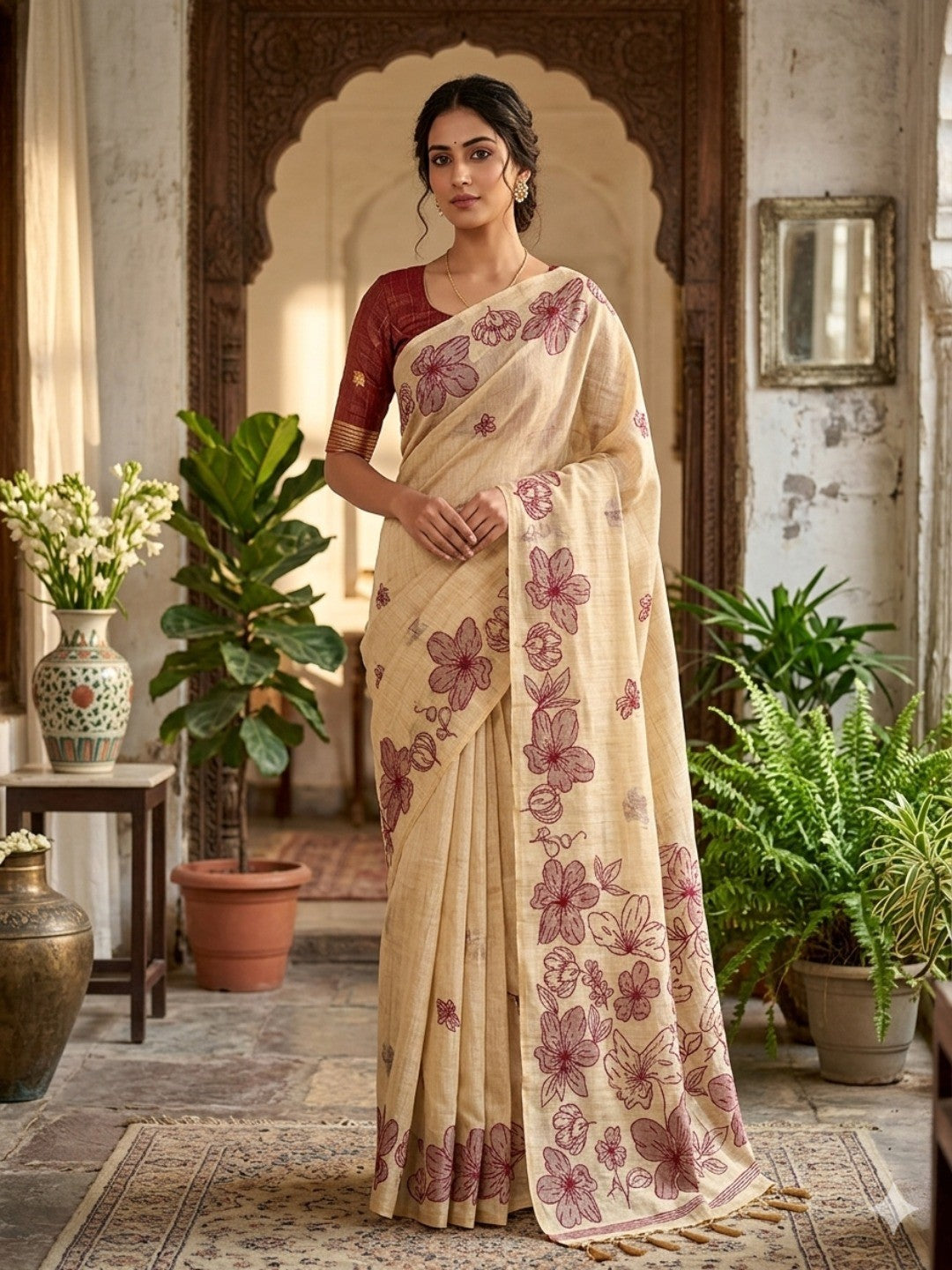 Cream Saree with Maroon Floral Weaving Pure Cotton Traditional Elegant Style - Image 1