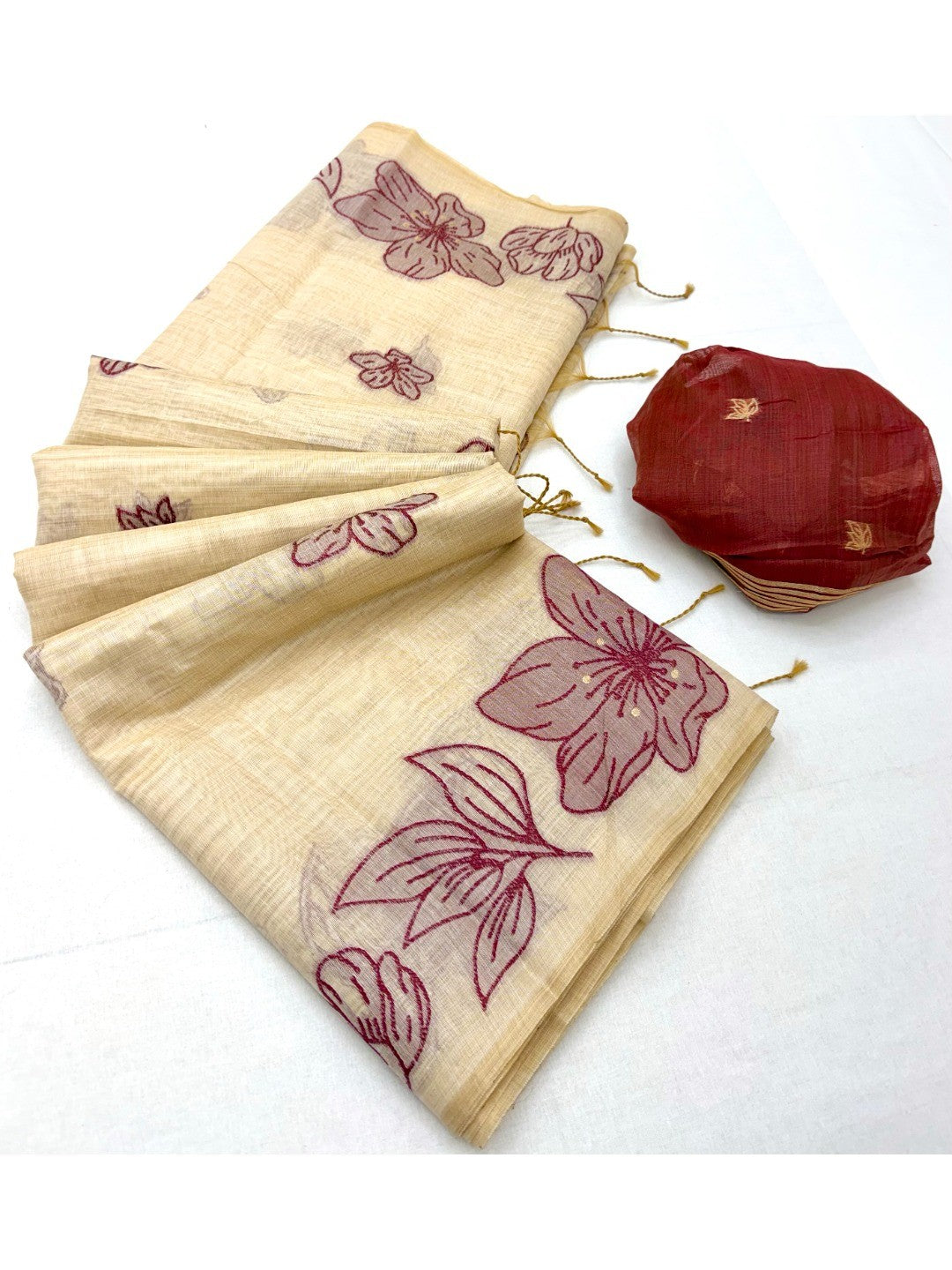Cream Saree with Maroon Floral Weaving Pure Cotton Traditional Elegant Style - Image 3