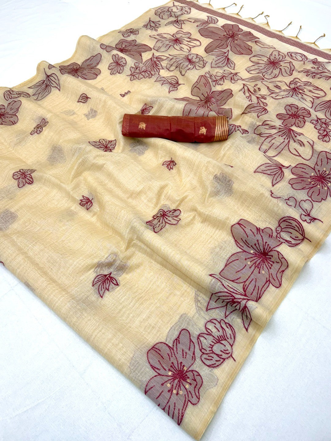 Cream Saree with Maroon Floral Weaving Pure Cotton Traditional Elegant Style - Image 2