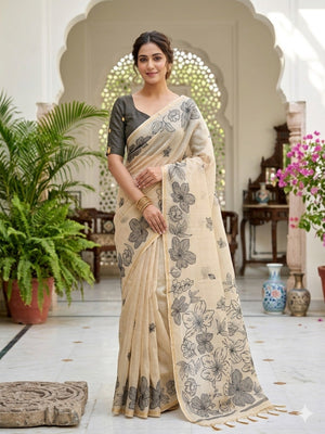 Cream Saree with Grey Floral Weaving Pure Cotton Traditional Elegant Style - Image 1