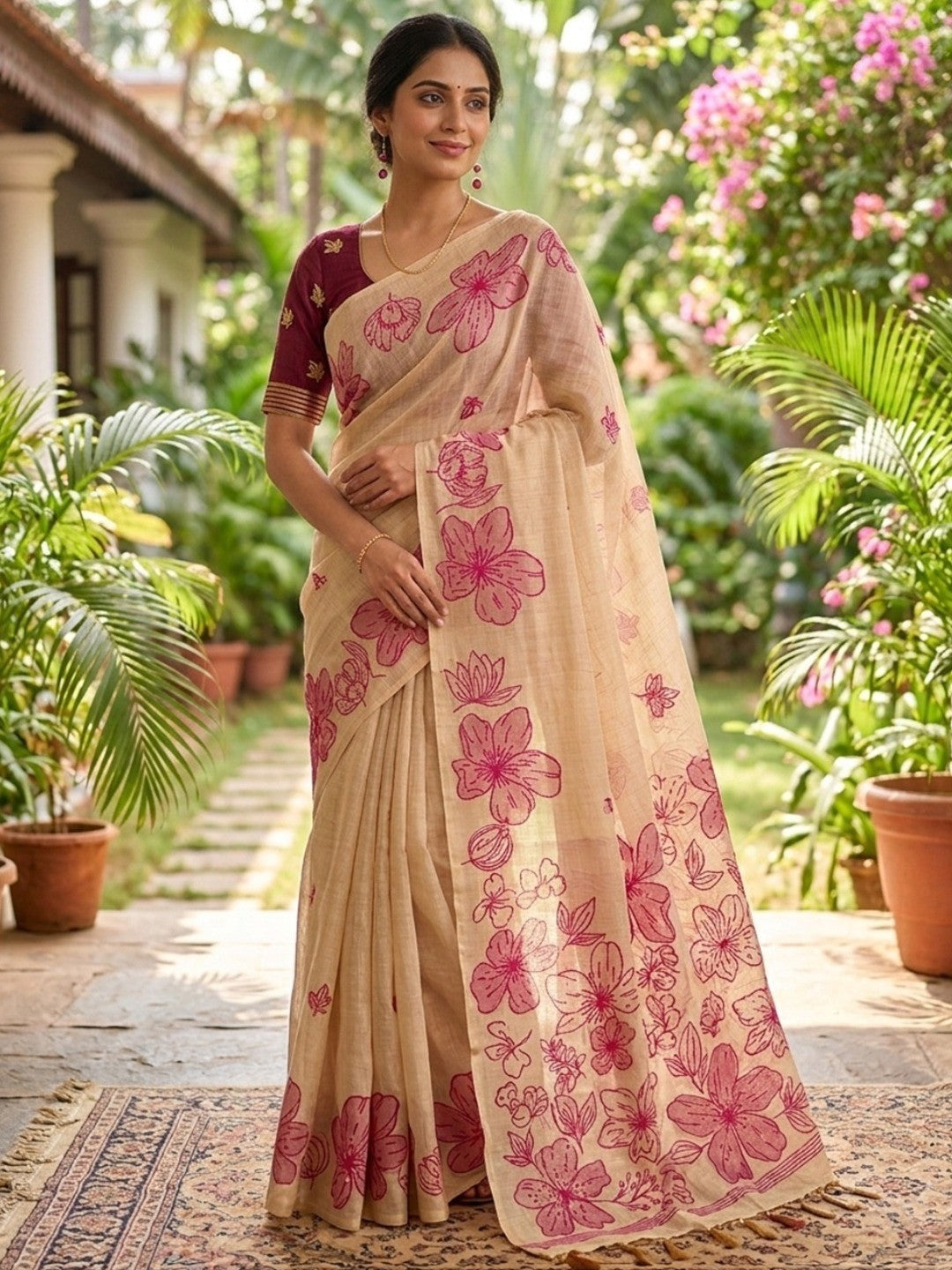 Cream Saree with Pink Floral Weaving Pure Cotton Traditional Elegant Style - Image 1