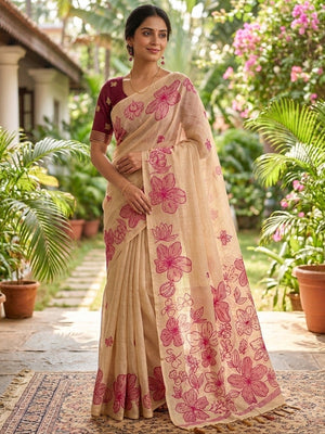 Cream Saree with Pink Floral Weaving Pure Cotton Traditional Elegant Style - Image 1