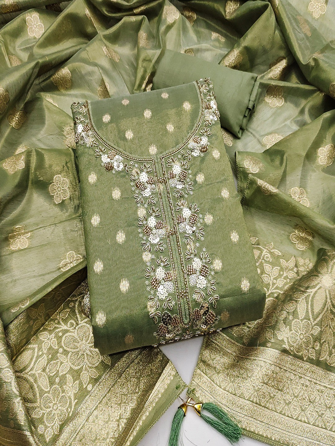 Elegant Green Jacquard Dress Material with Intricate Sequins Work - Image 1