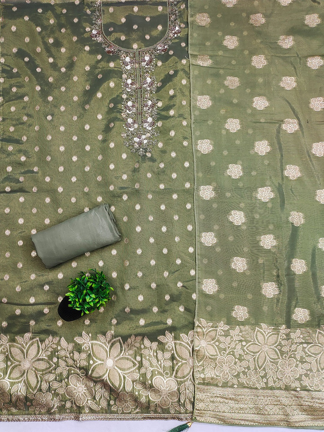 Elegant Green Jacquard Dress Material with Intricate Sequins Work - Image 3