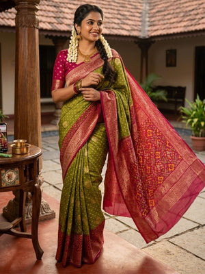 Elegant Green Bandhani Print Georgette Saree with Rich Border - Image 1