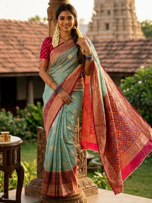 Elegant Blue Georgette Saree with Bandhani Print and Zari Border - Image 1