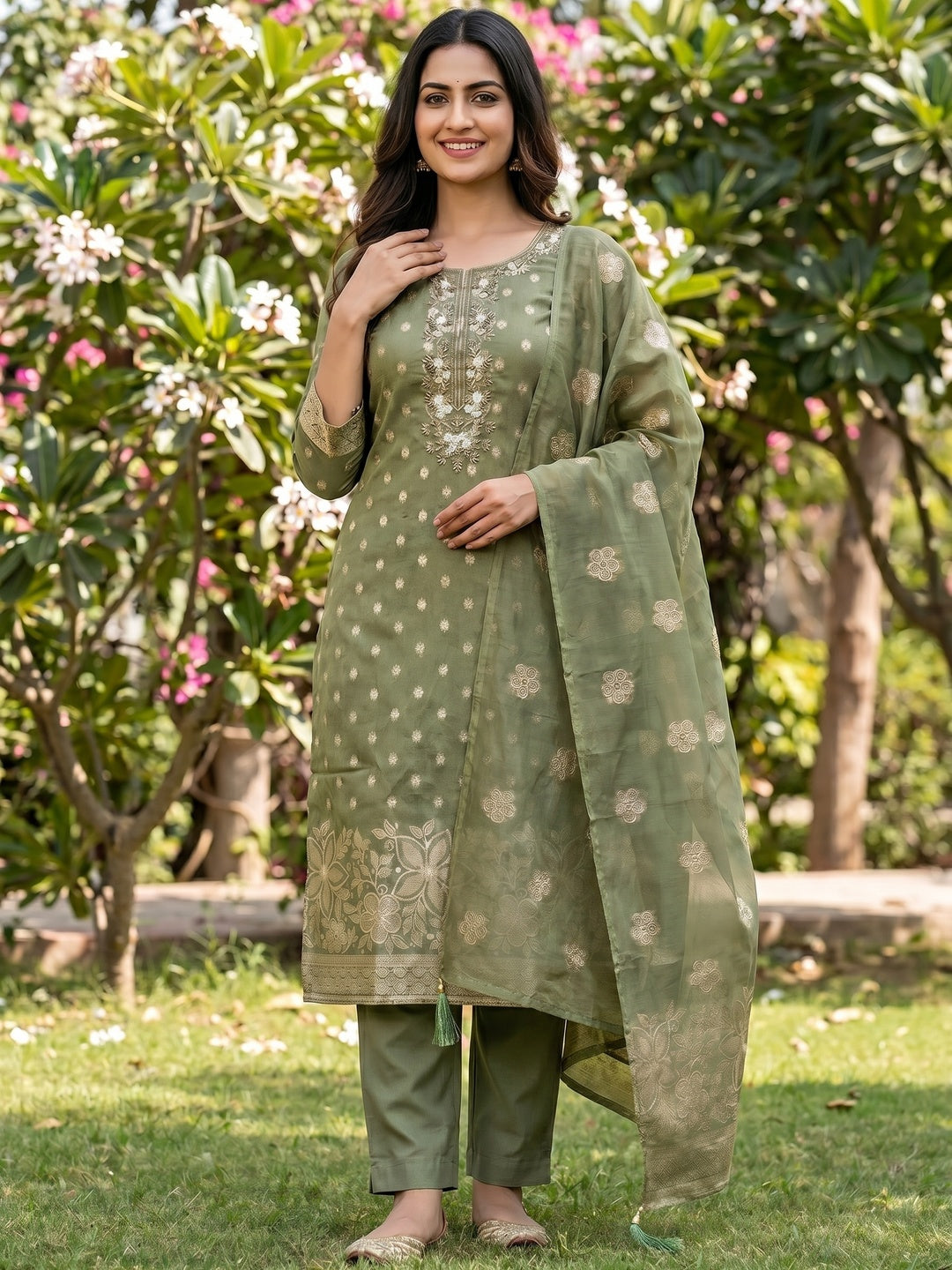Elegant Green Jacquard Dress Material with Intricate Sequins Work - Image 2