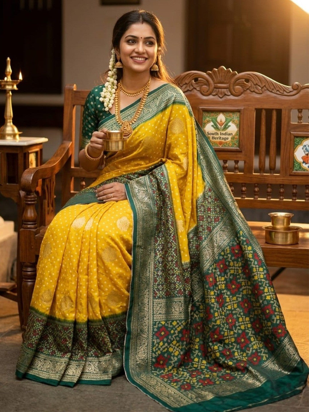 Exclusive Yellow Georgette Bandhani Print Saree with Zari Work - Image 5