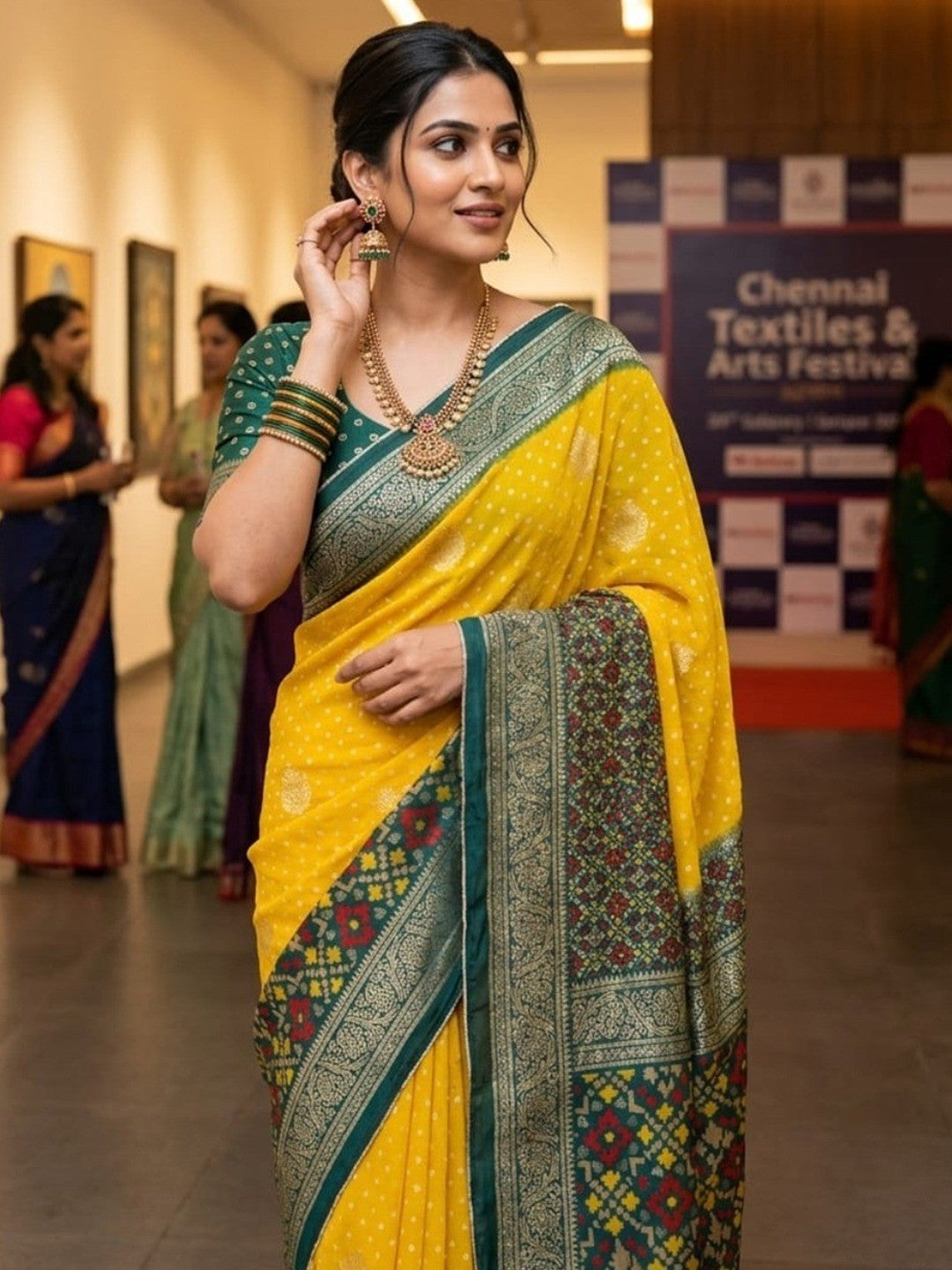 Exclusive Yellow Georgette Bandhani Print Saree with Zari Work - Image 4
