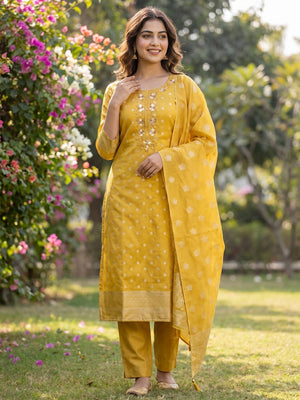 Elegant Yellow Jacquard Dress Material with Intricate Sequins Work - Image 2