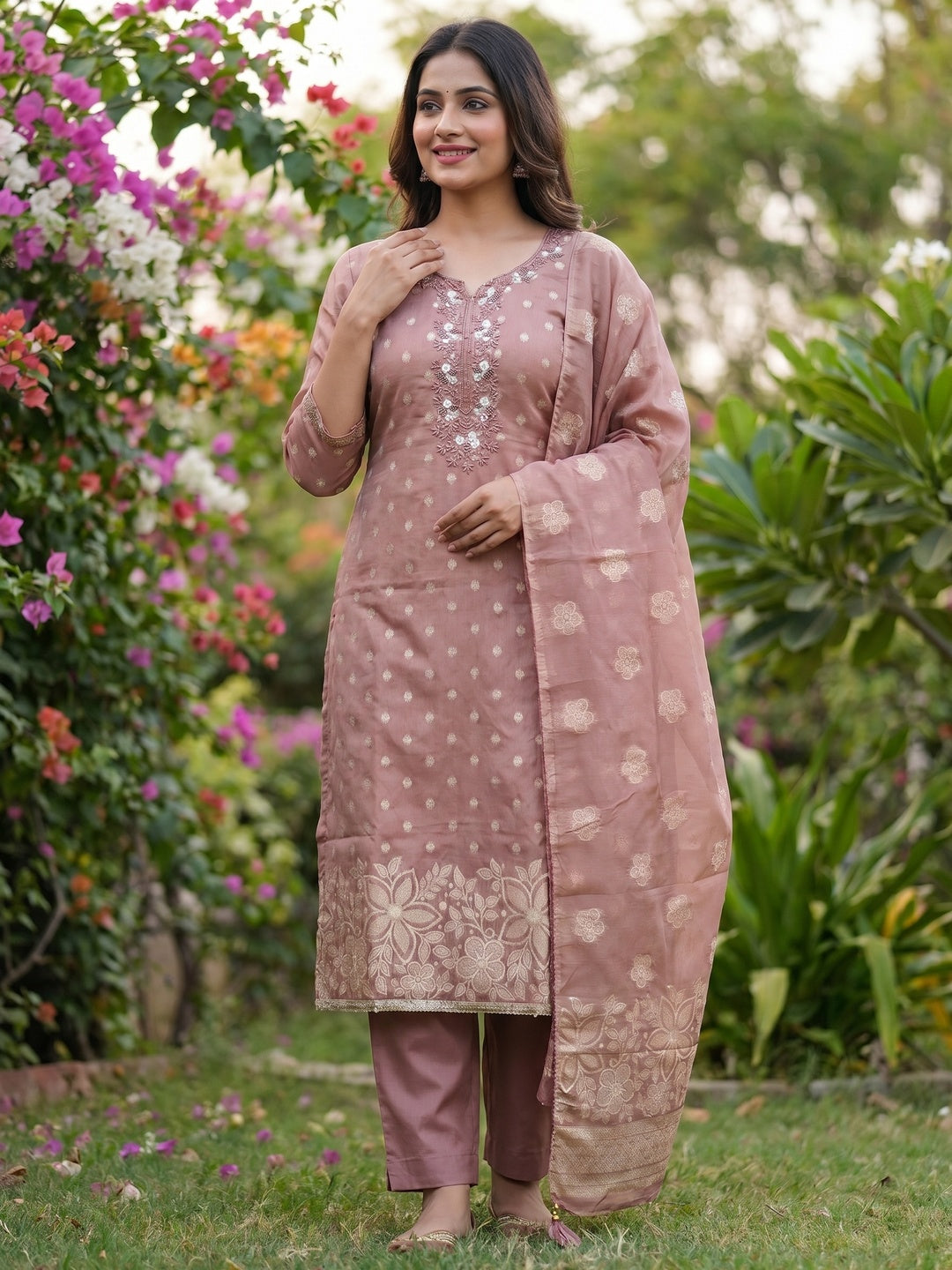 Elegant Dusty Pink Jacquard Dress Material with Intricate Sequins Work - Image 2
