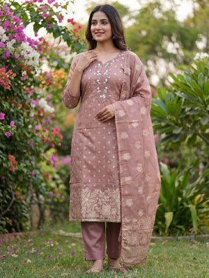 Elegant Dusty Pink Jacquard Dress Material with Intricate Sequins Work - Image 1