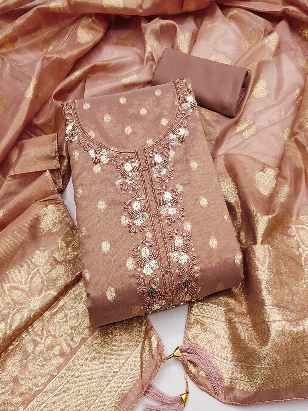Elegant Dusty Pink Jacquard Dress Material with Intricate Sequins Work - Image 1