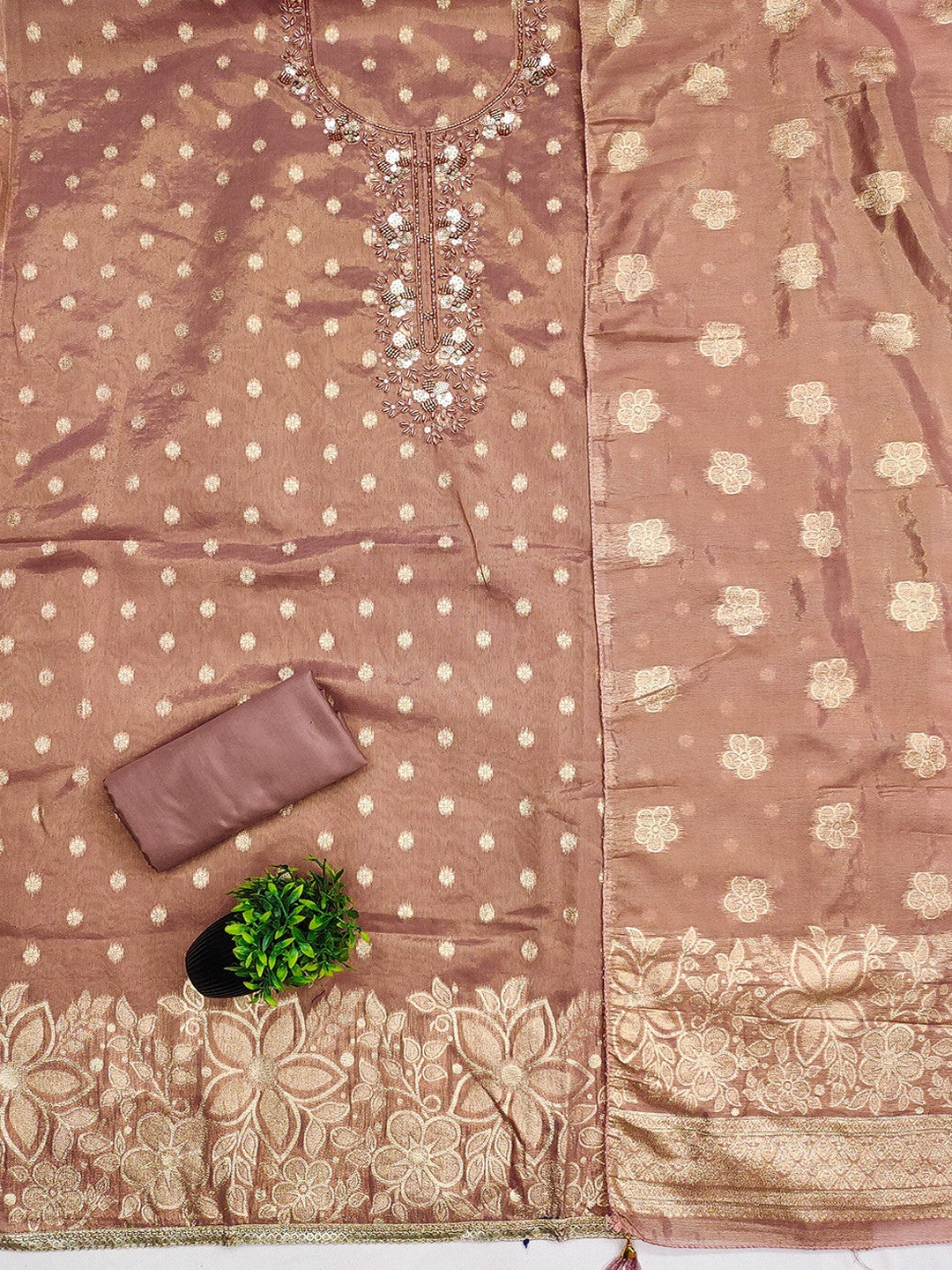 Elegant Dusty Pink Jacquard Dress Material with Intricate Sequins Work - Image 3