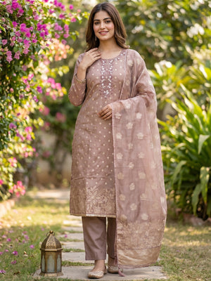 Elegant Rose Gold Jacquard Dress Material with Intricate Sequins Work - Image 1
