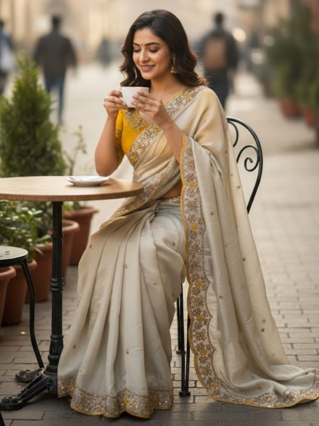 Elegant Cream Chiffon Saree with Sequins Work and Embroidered Border - Image 1