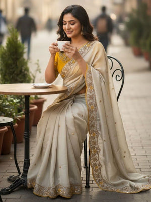 Elegant Cream Chiffon Saree with Sequins Work and Embroidered Border - Image 1