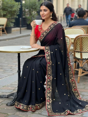 Elegant Black Georgette Saree with Exquisite Embroidered Scalloped Border - Image 1