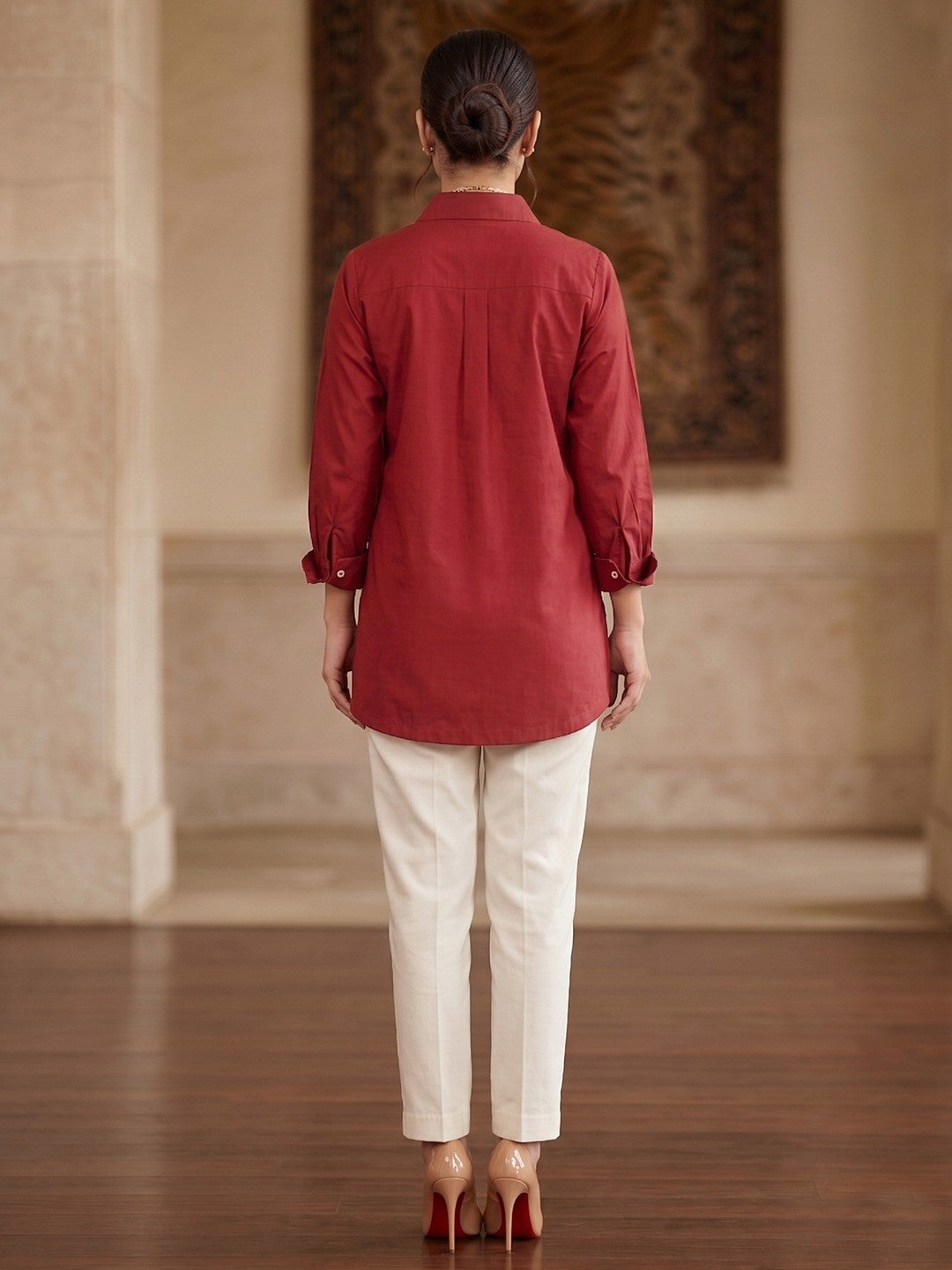 Designer Maroon Cotton A Line Top Bottom Set with Intricate Embroidery - Image 4