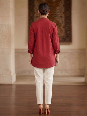 Designer Maroon Cotton A Line Top Bottom Set with Intricate Embroidery - Image 2
